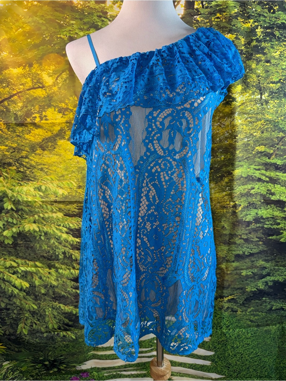 947-Trixxi Bright Blue Lace Dress with Cream Trim